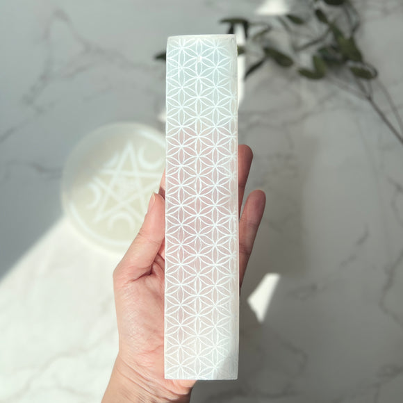 Selenite Incense Holder - Flower of Life 20cm (SEL-BAR02)
